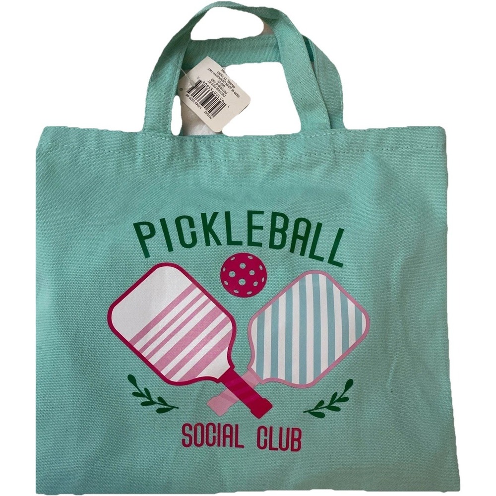 New Pickleball Social Club Canvas Tote Bag Pink Green White Travel Court Preppy